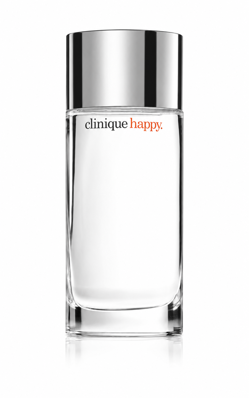 Clinique Happy Clear Perfume in a clear glass bottle with a reflective silver cap, on a white background.