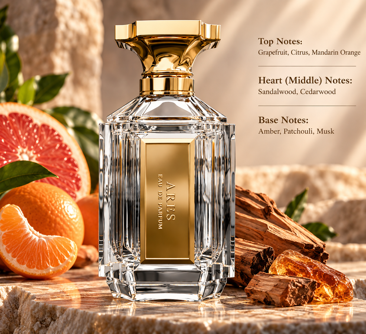 Ares Eau de Parfum presented in a refined citrus woody composition inspired by grapefruit and mandarin orange, balanced with sandalwood and cedarwood over warm amber, patchouli and musk.