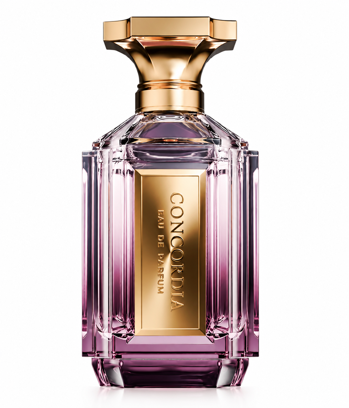 Concordia Eau de Parfum in an elegant faceted glass bottle with soft pink and purple tones, finished with a sculptural gold cap and vertical gold Concordia plaque on a clean white background.