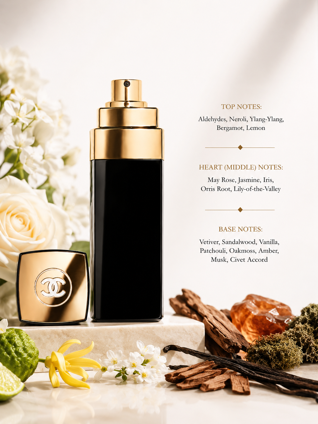 Chanel No. 5 Eau de Toilette Refill with fragrance notes of aldehydes, neroli, ylang-ylang, bergamot, lemon, May rose, jasmine, iris, orris root, lily-of-the-valley, vetiver, sandalwood, vanilla, patchouli, oakmoss, amber, musk and civet accord.