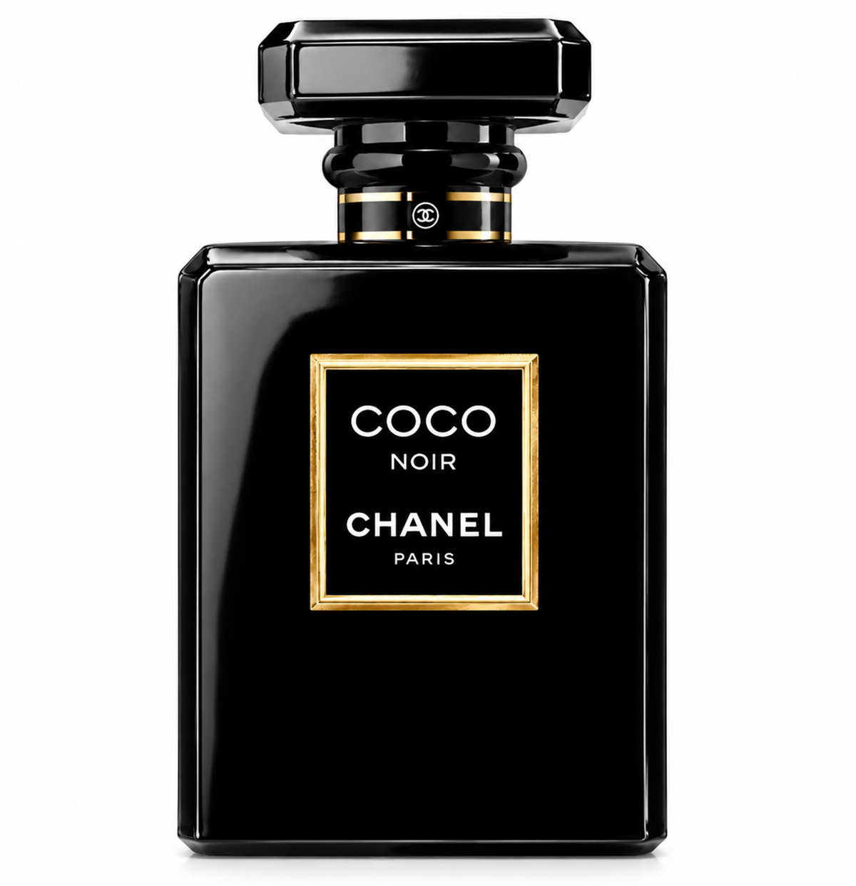 Chanel Coco Noir Eau de Parfum for women in a luxurious glossy black rectangular bottle with a faceted black cap, elegant gold detailing and signature Coco Noir Chanel Paris label. A sophisticated luxury fragrance presented against a clean white background.