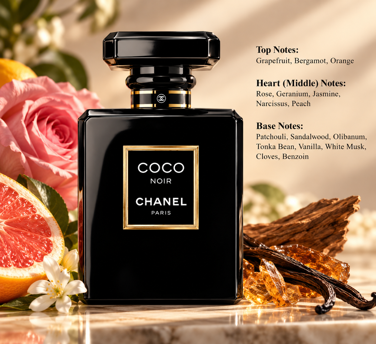 Chanel Coco Noir Eau de Parfum for women, elegantly displayed with pink roses, grapefruit, jasmine, sandalwood, amber and vanilla. A sophisticated woody floral oriental perfume with warm patchouli, tonka bean and musk notes, presented against a luxurious beige background.