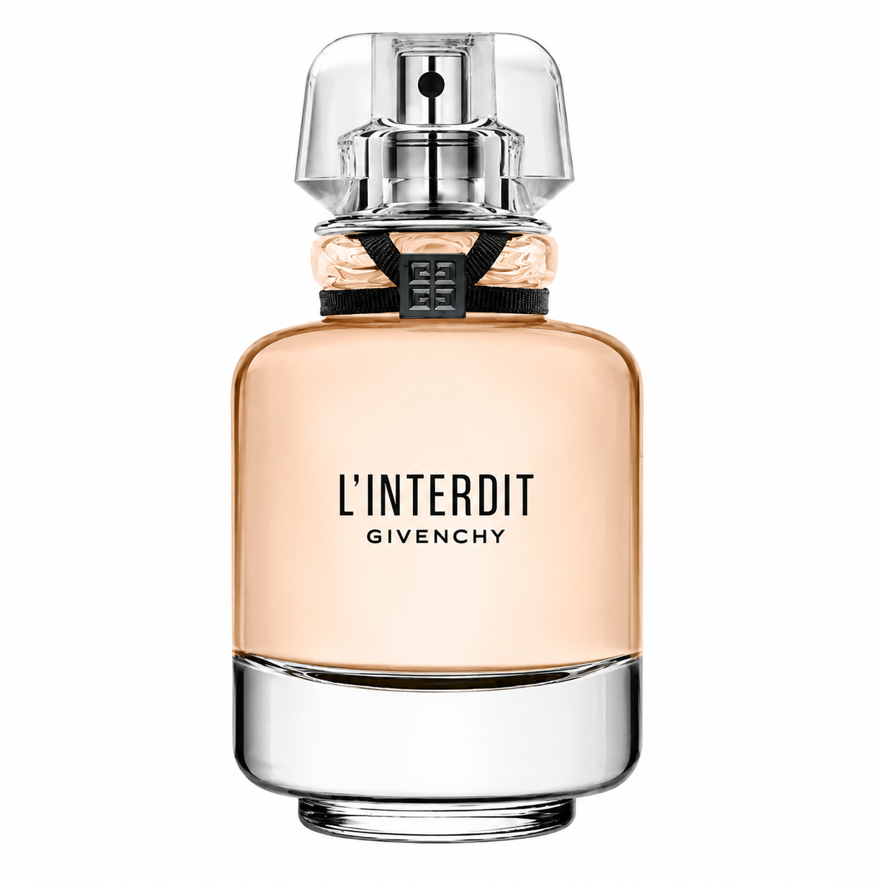Givenchy L'Interdit Eau de Parfum bottle isolated on a white background, featuring a refined transparent glass bottle filled with soft peach-colored fragrance and the iconic black couture ribbon around the neck.