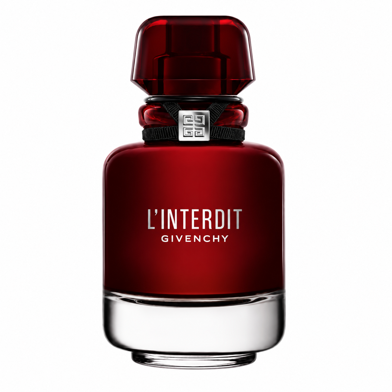 Givenchy L'Interdit Rouge Eau de Parfum bottle isolated on a white background, featuring a deep red lacquered glass bottle with the signature black ribbon and silver Givenchy emblem around the neck.