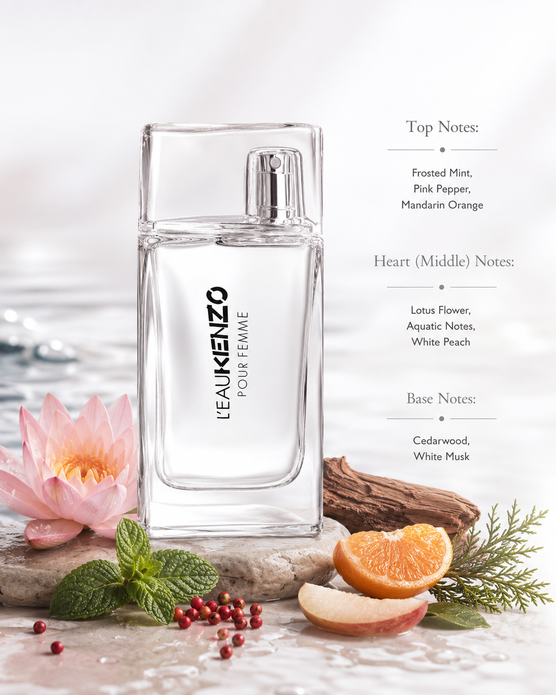 Kenzo L'Eau Kenzo Pour Femme Eau de Toilette displayed with its fragrance notes, surrounded by lotus flower, frosted mint, pink pepper, mandarin orange, white peach, cedarwood, and white musk, highlighting its fresh aquatic floral fragrance with citrus, aquatic, floral, and woody accords.