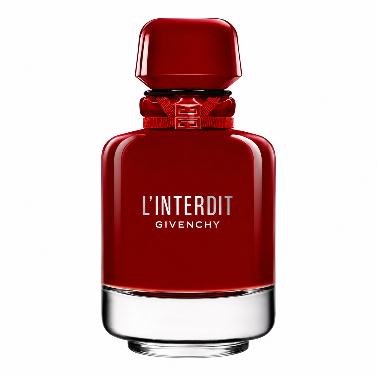 Givenchy L'Interdit Absolu Eau de Parfum bottle isolated on a white background, featuring a deep crimson red glass bottle with the iconic Givenchy couture ribbon and silver 4G emblem around the neck.