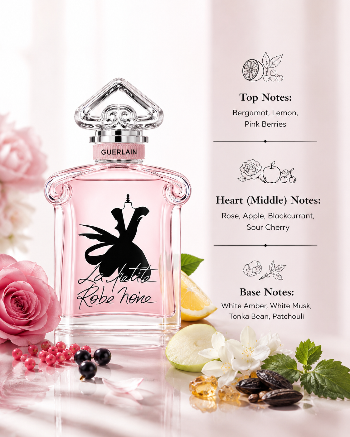 Guerlain La Petite Robe Noire Eau de Parfum displayed with fragrance notes, surrounded by bergamot, lemon, pink berries, rose, apple, blackcurrant, sour cherry, white amber, white musk, tonka bean, and patchouli, highlighting its fruity floral and warm gourmand composition.