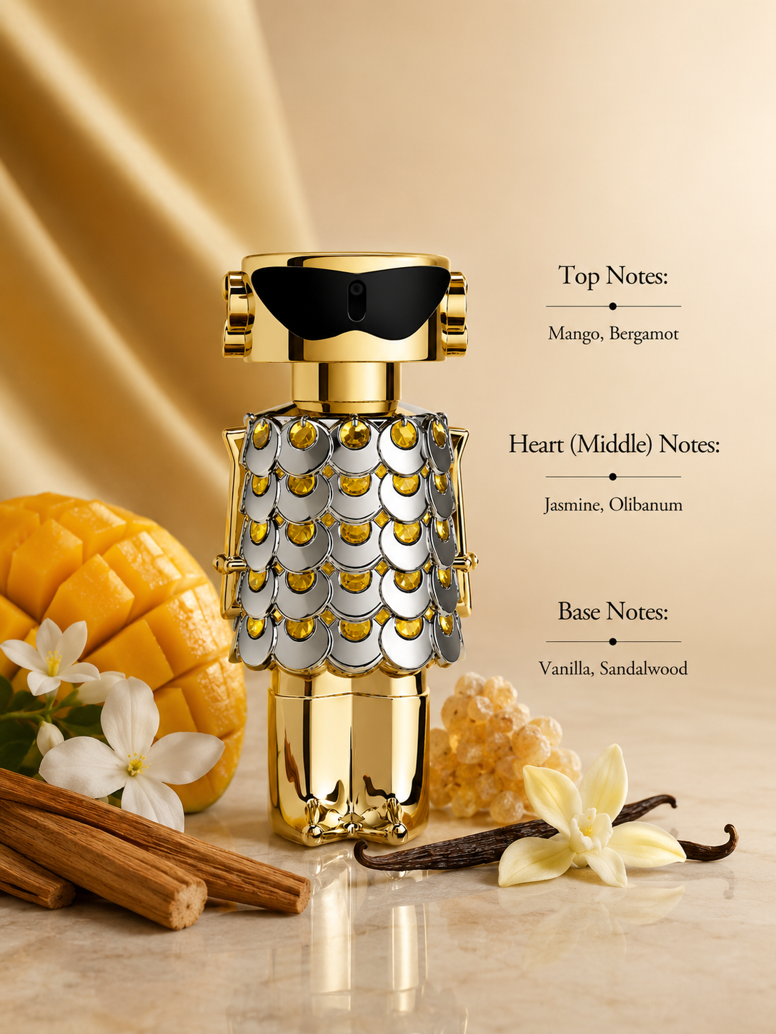 Rabanne Fame Parfum displayed with fragrance notes, surrounded by ripe mango, bergamot, jasmine flowers, olibanum resin, vanilla pods, sandalwood, and cinnamon, highlighting its fruity, floral, creamy, and woody fragrance profile.