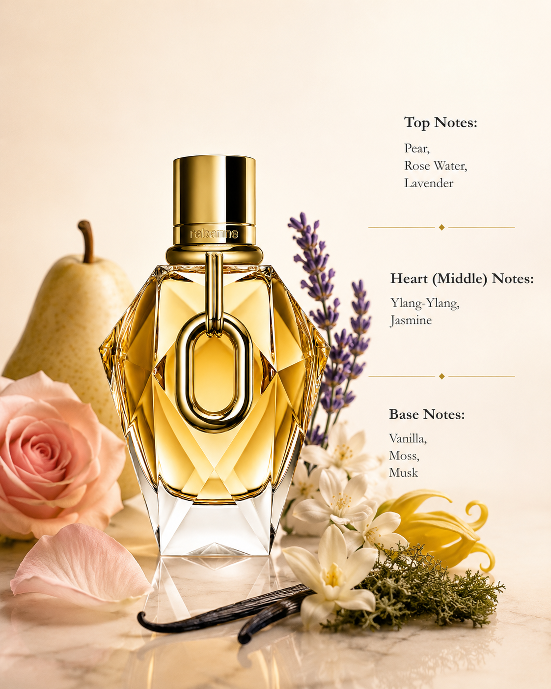 Faceted golden perfume bottle surrounded by pear, rose, lavender, jasmine flowers, vanilla pods, and moss, with fragrance notes listed on the right.