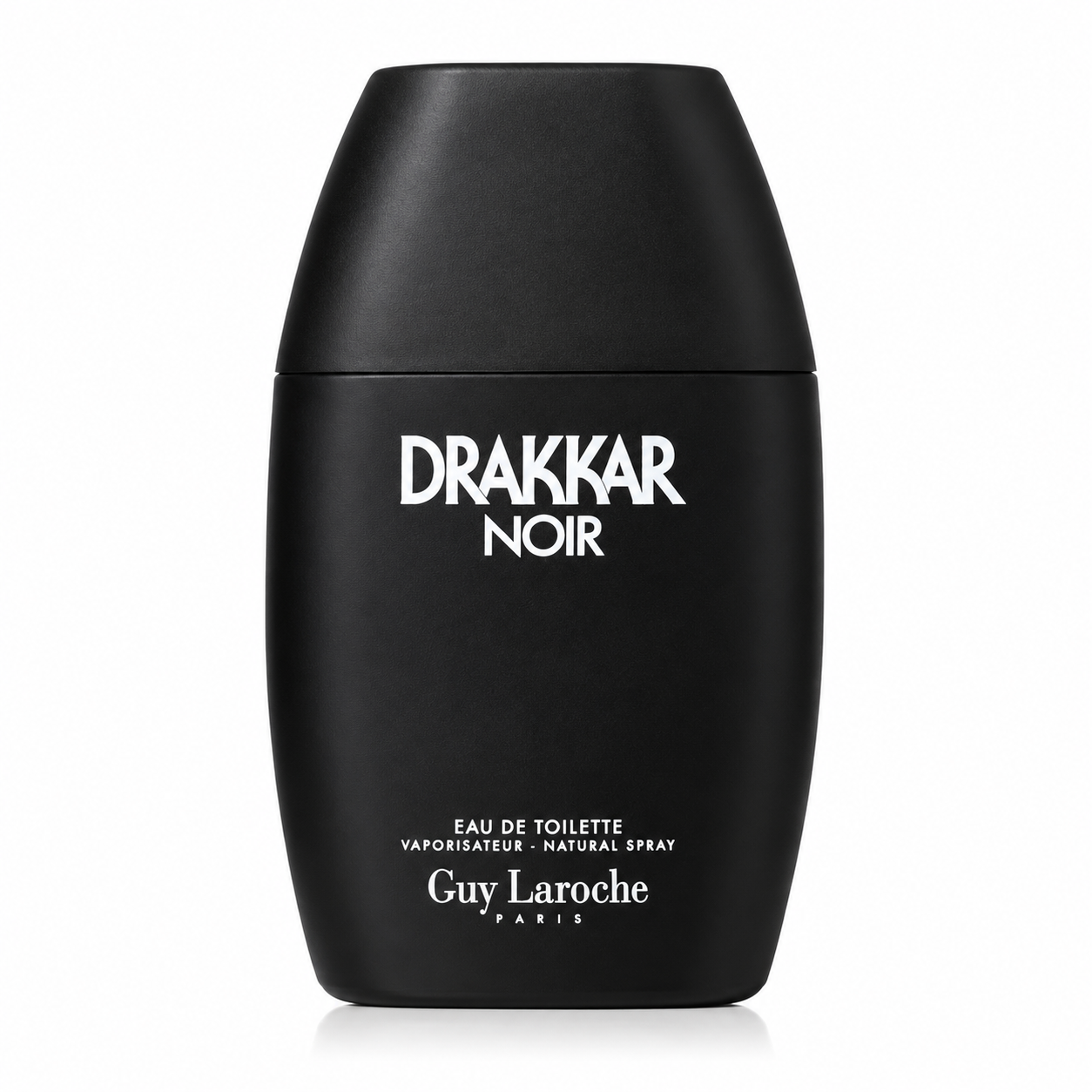 Guy Laroche Drakkar Noir Eau de Toilette for Men perfume bottle isolated on a white background, featuring the iconic matte black curved bottle with bold white Drakkar Noir branding and a minimalist masculine design.