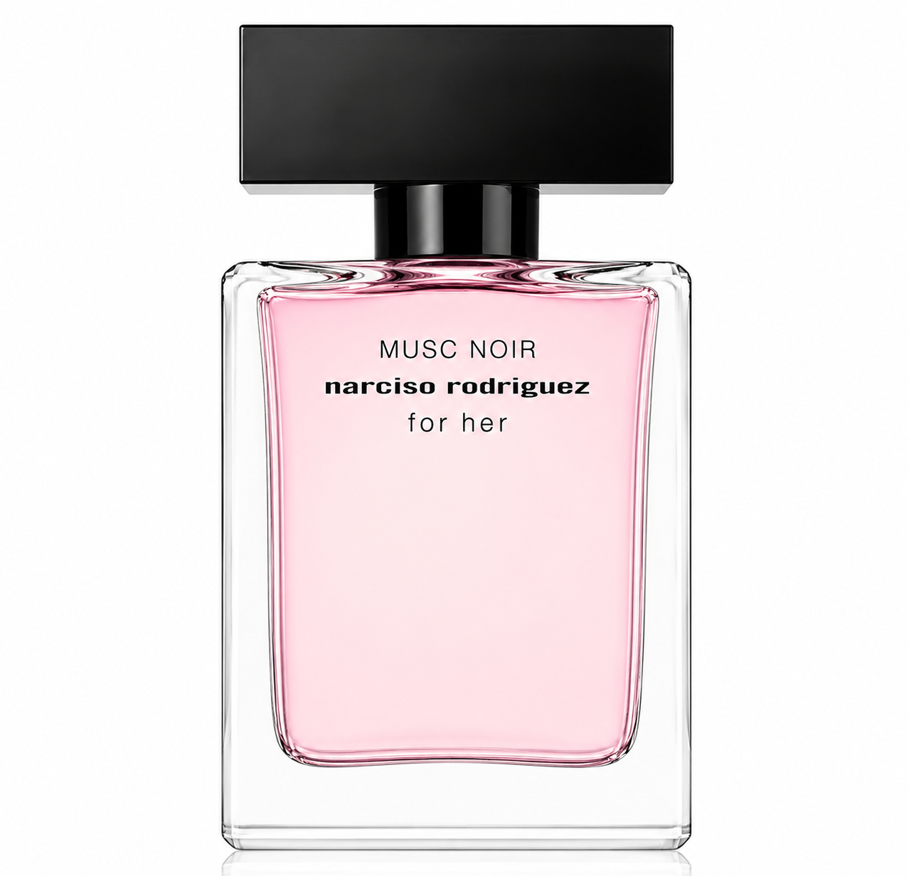 Narciso Rodriguez Musc Noir For Her Eau de Parfum bottle isolated on a white background, featuring a transparent rectangular glass bottle with a soft blush pink inner lacquer, a minimalist black rectangular cap, and elegant black typography for a modern, sophisticated appearance.