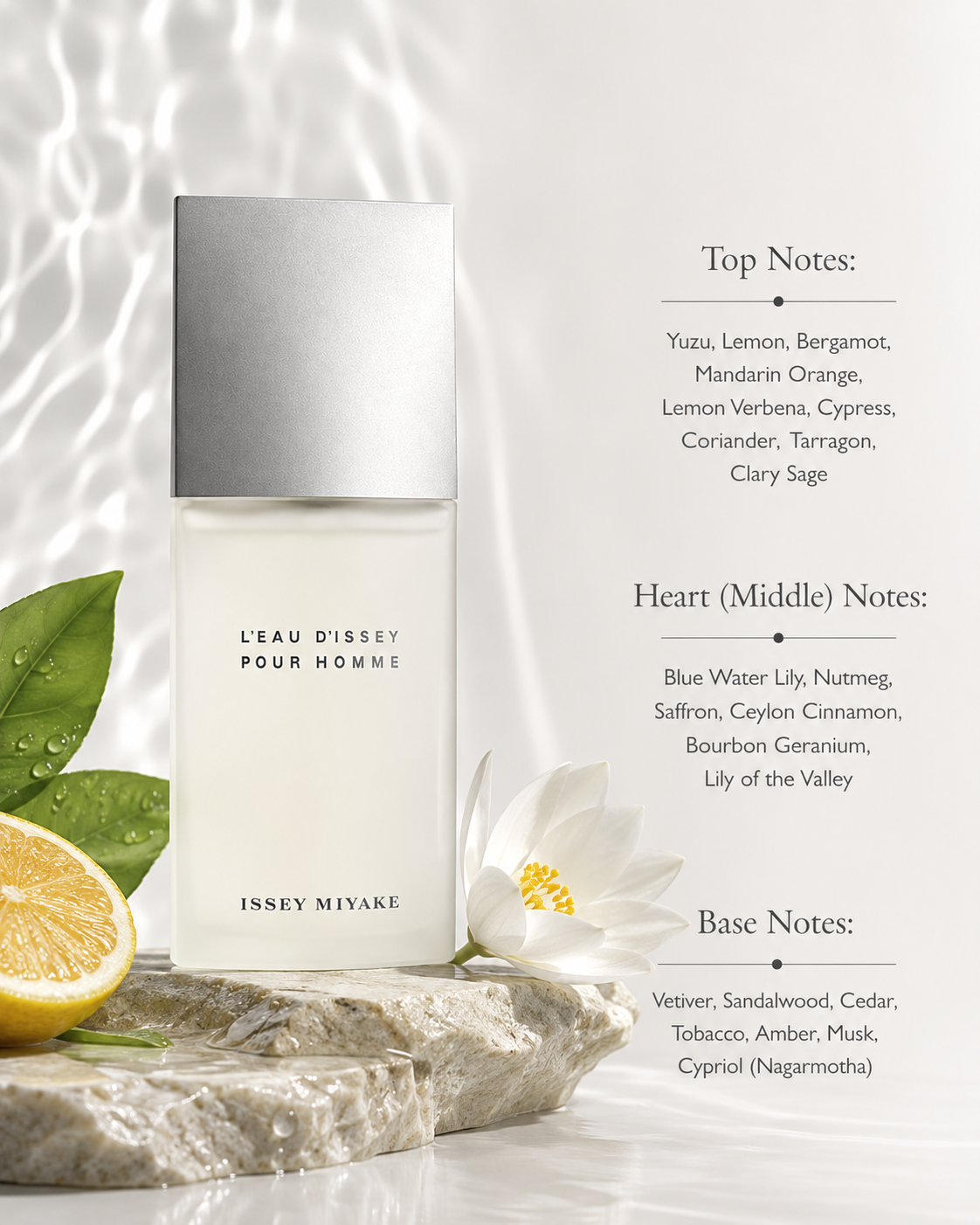 Issey Miyake L'Eau d'Issey Pour Homme Eau de Toilette displayed with its fragrance notes, surrounded by yuzu, lemon, citrus leaves, white water lily, and woody elements, highlighting its fresh citrus aquatic woody fragrance composition.