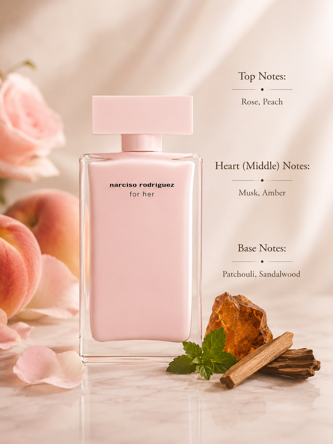 Narciso Rodriguez For Her Eau de Parfum displayed with fragrance notes, surrounded by rose petals, peaches, amber resin, sandalwood, and patchouli leaves, highlighting its soft floral, musky, warm amber, and woody fragrance profile.