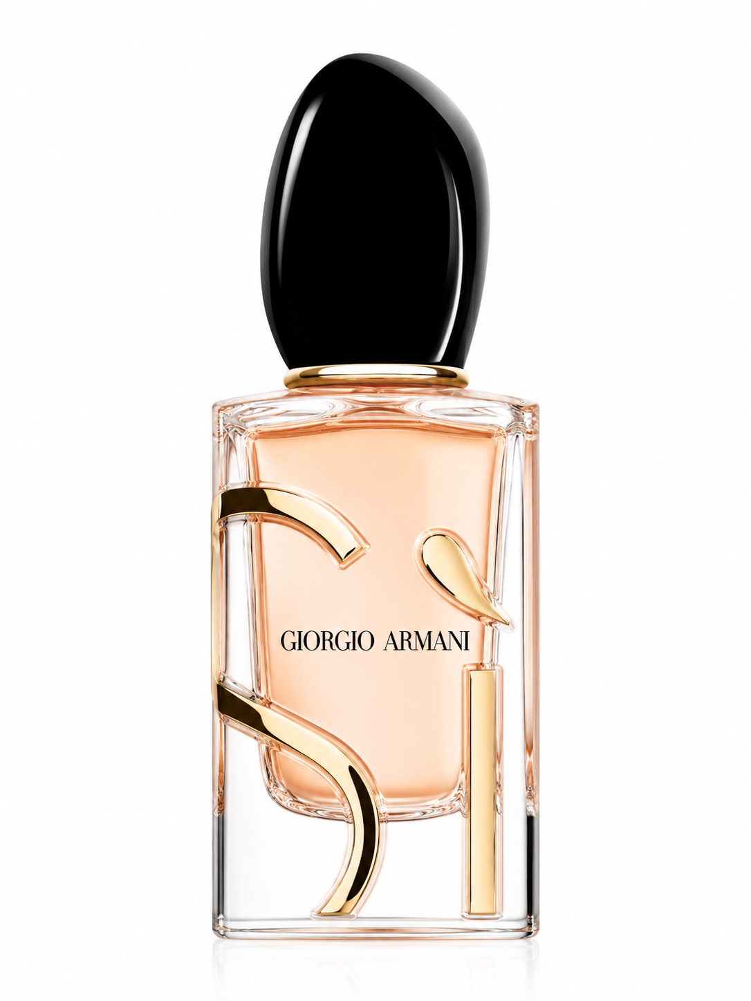 Giorgio Armani Sì Eau de Parfum bottle featuring a soft blush-pink glass design, elegant gold S-shaped detail and a glossy black cap.