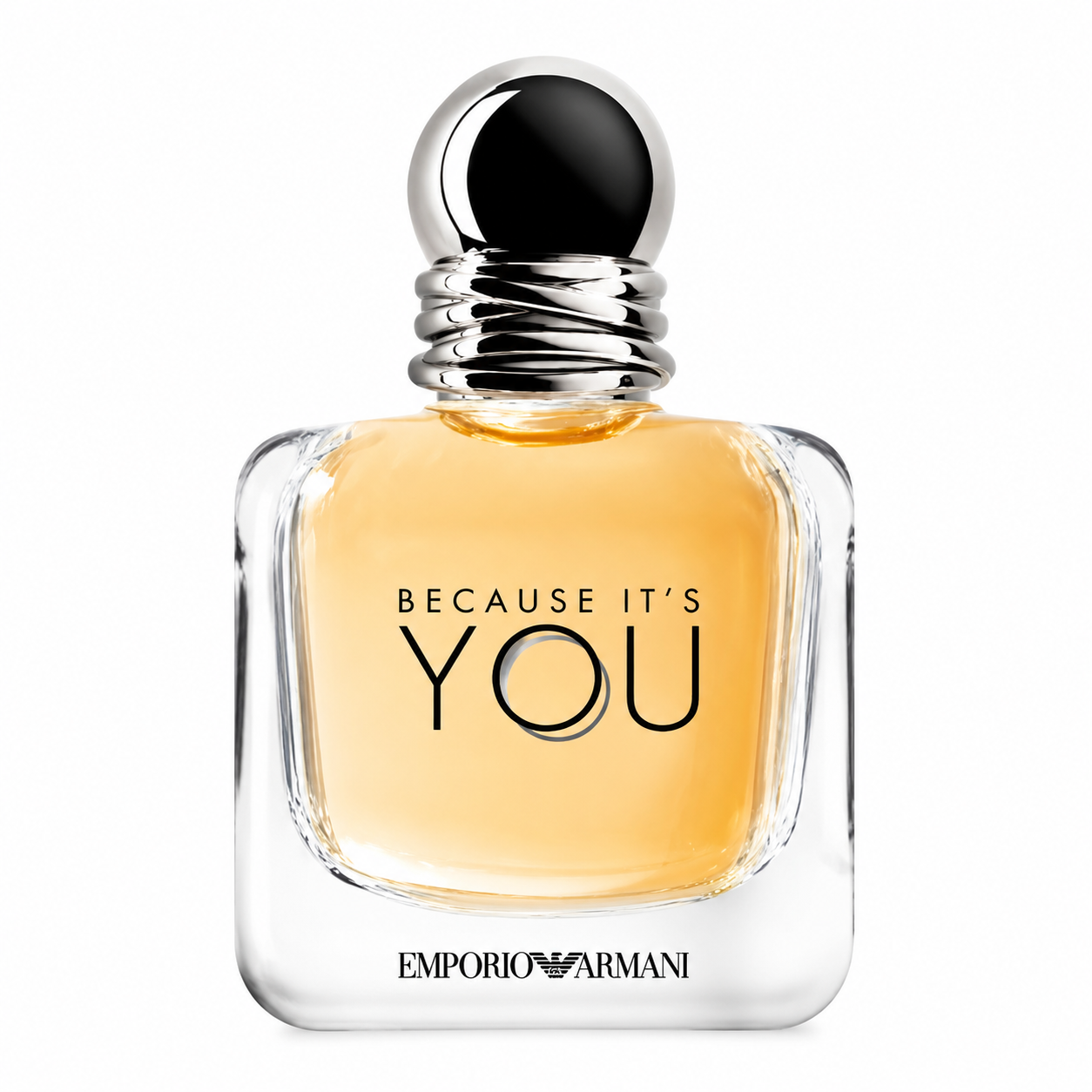 Emporio Armani Because It’s You Eau de Parfum bottle with a clear glass design, warm golden fragrance and a polished silver spherical cap.