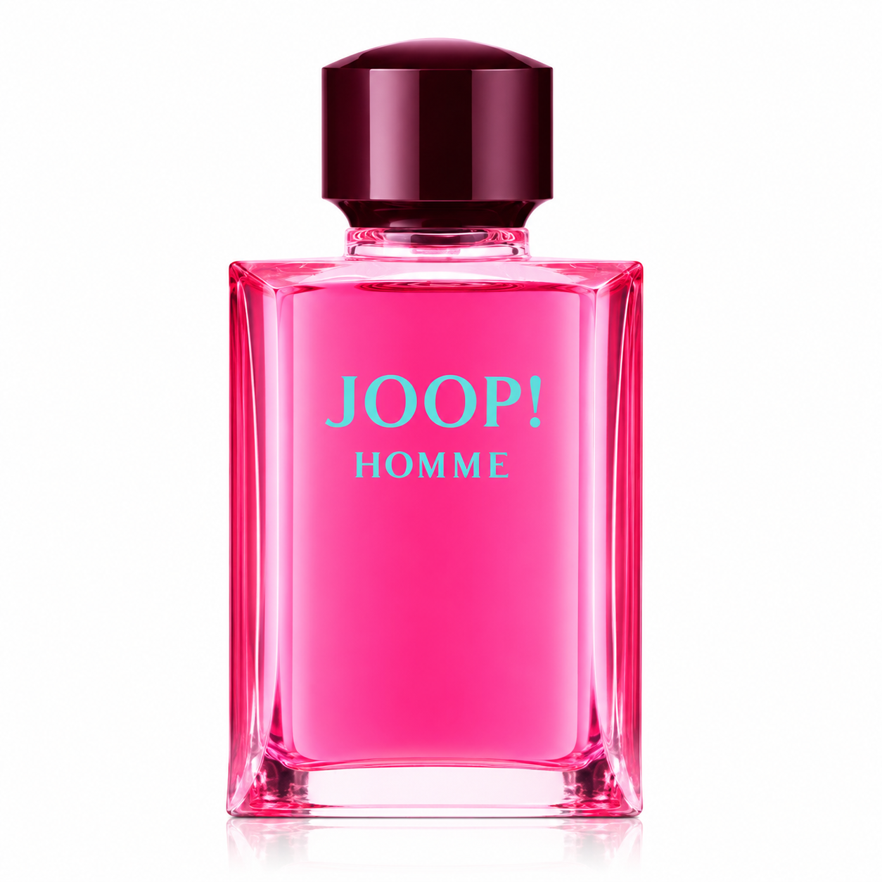 JOOP! Homme Eau de Toilette perfume bottle isolated on a white background, featuring the iconic transparent hot pink rectangular bottle with a deep burgundy rounded cap and bold turquoise JOOP! Homme logo.
