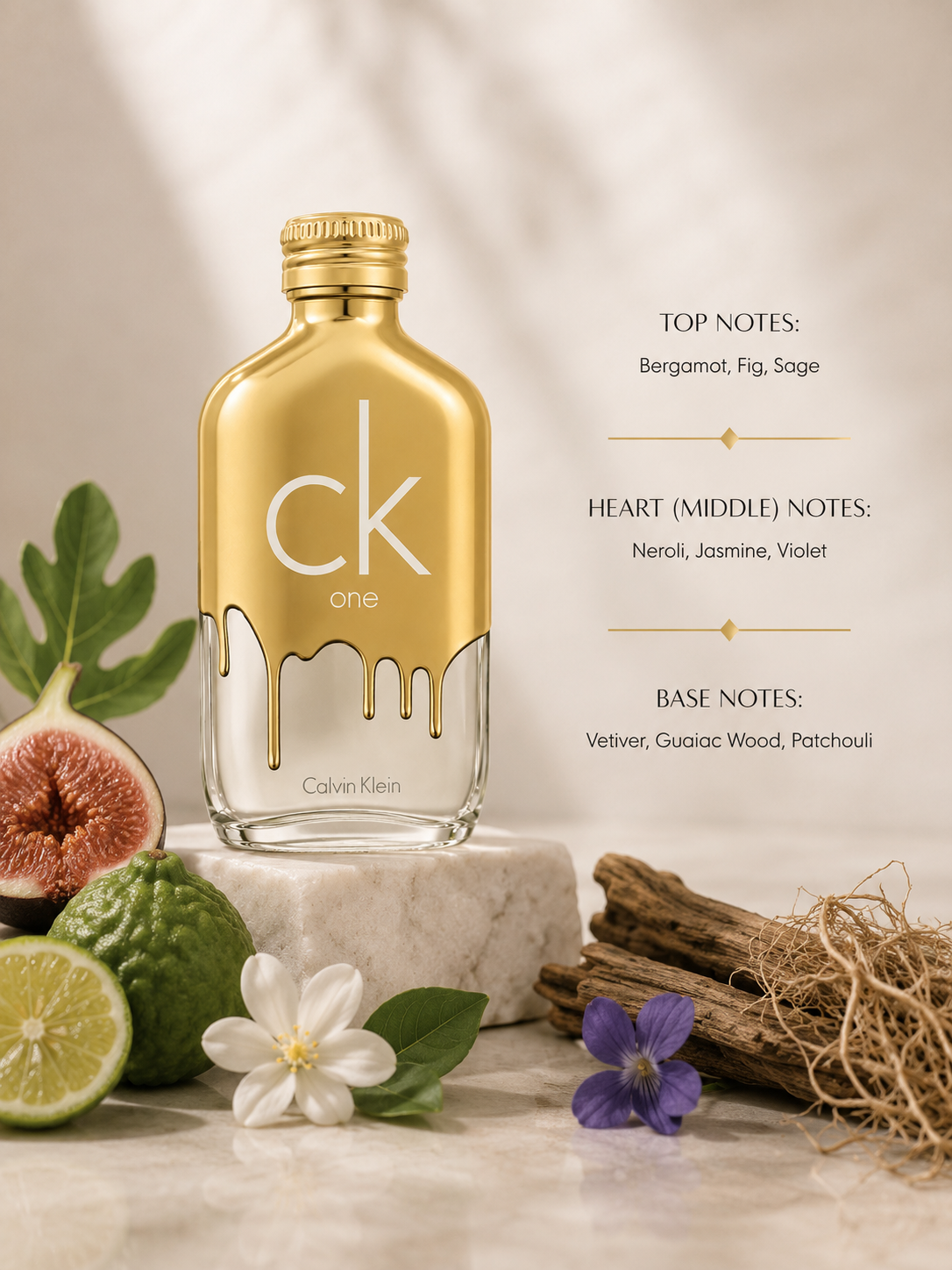 Calvin Klein ck one perfume bottle in a metallic gold finish with a dripping design, displayed on a marble pedestal with botanical and citrus props. The right side features a text panel detailing the fragrance's top, heart, and base notes.