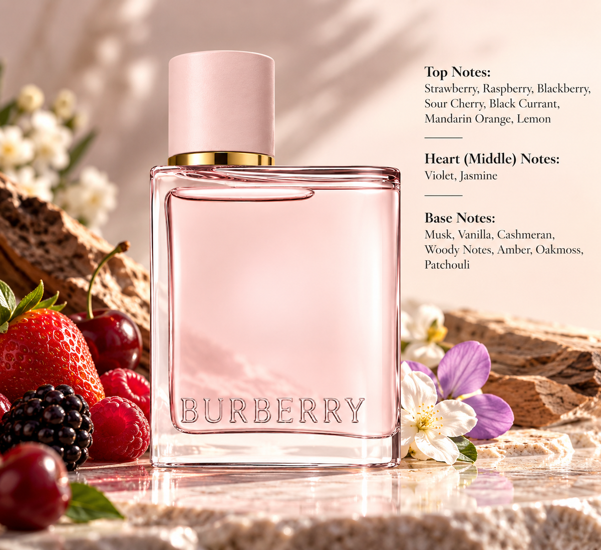 Burberry Her Eau de Parfum bottle displayed with strawberries, raspberries, blackberries, cherries, violet and jasmine flowers, highlighting its fruity, floral, vanilla and woody fragrance notes.
