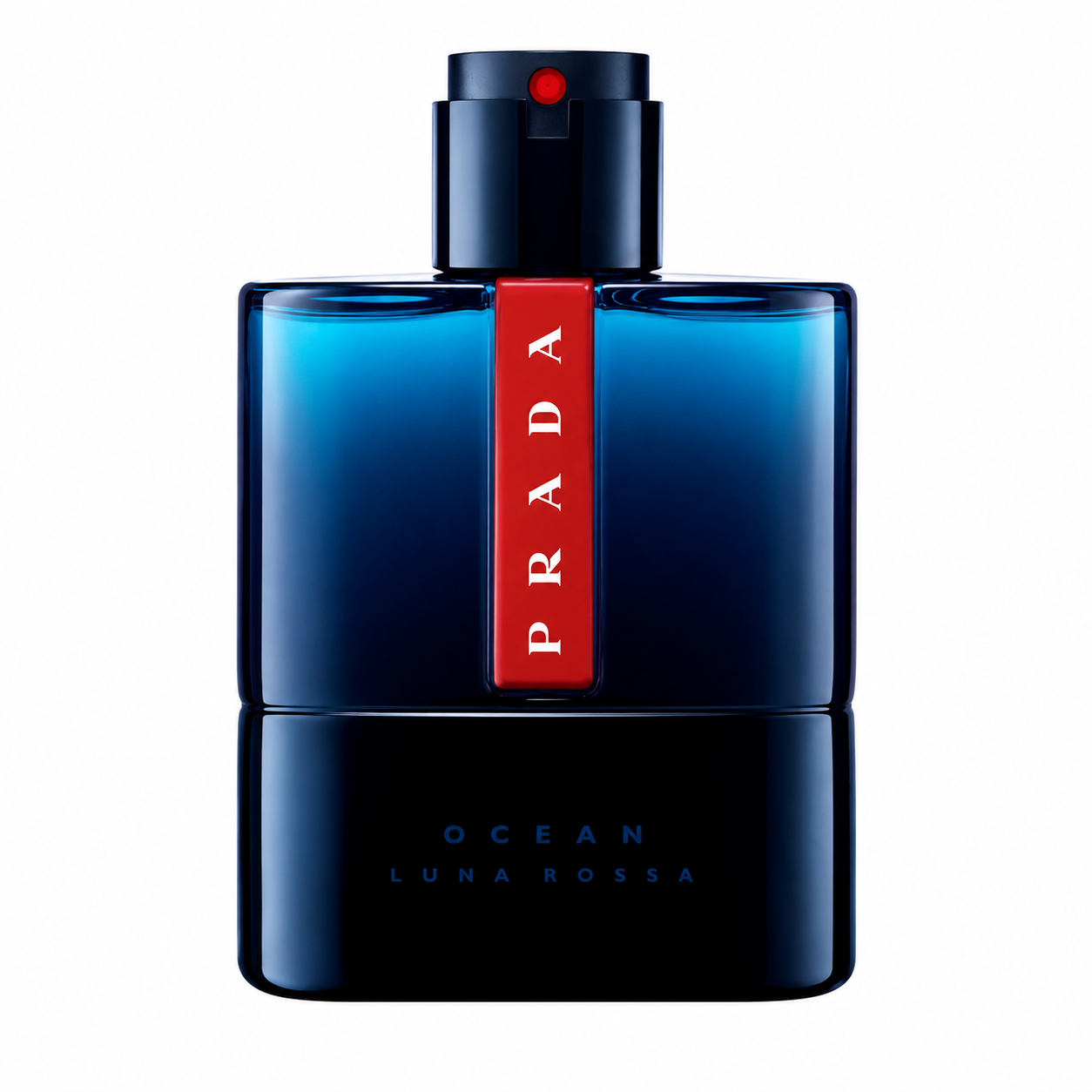 Prada Luna Rossa Ocean Eau de Toilette bottle isolated on a white background, featuring a deep blue gradient glass bottle with a matte black base, black atomizer, and the signature vertical red Prada stripe, creating a bold and contemporary masculine design.