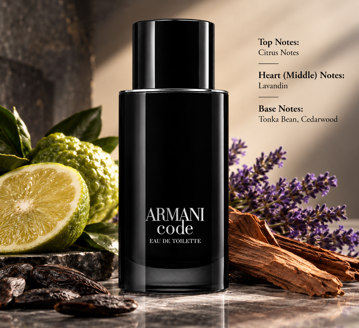 Armani Code Eau de Toilette black perfume bottle surrounded by fresh citrus, aromatic lavender, tonka beans and warm cedarwood, visually representing its elegant citrus, lavandin, tonka bean and woody fragrance notes.