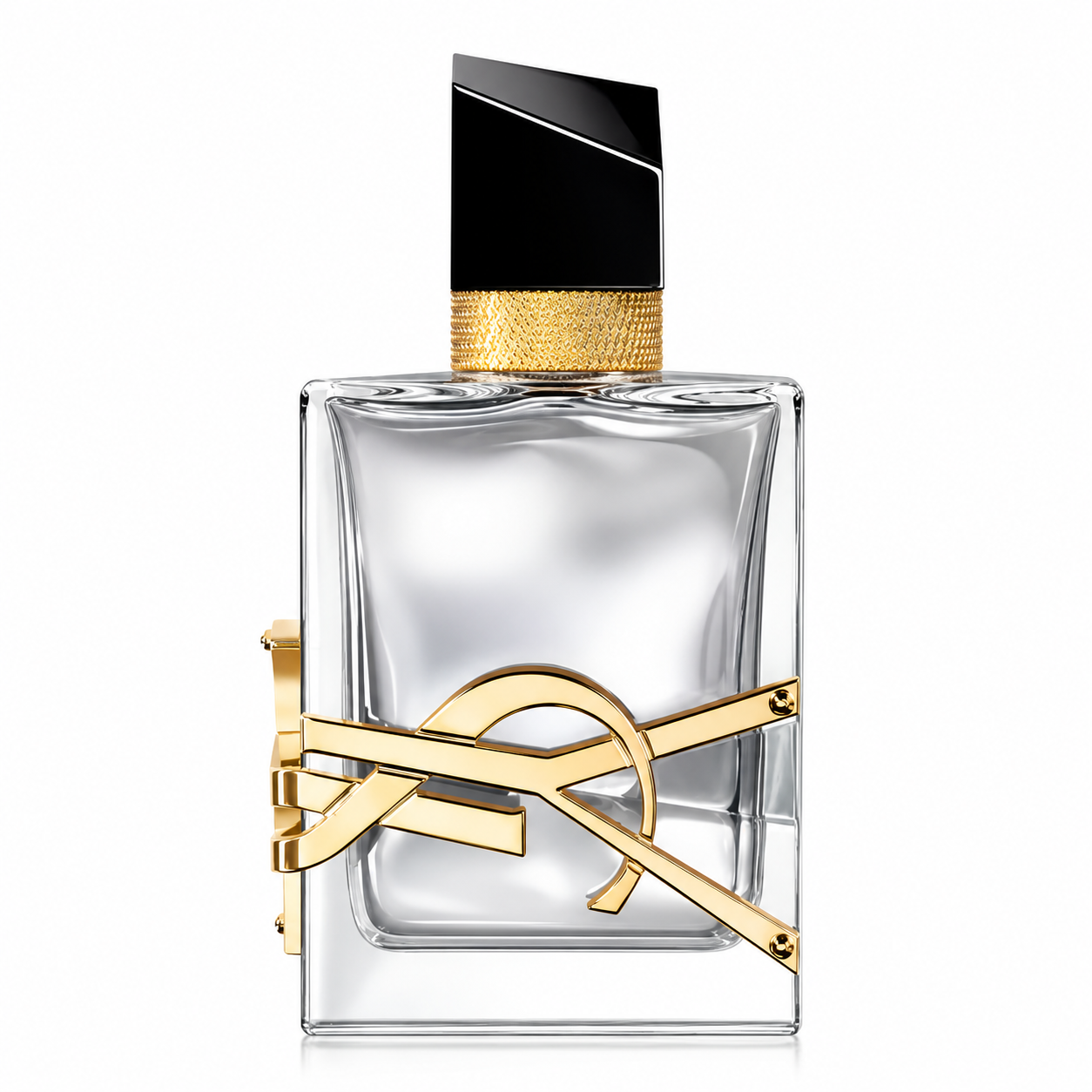 Yves Saint Laurent Libre L'Eau Nue bottle isolated on a white background, featuring a clear rectangular glass bottle with a transparent fragrance, wrapped in the iconic oversized gold Cassandre logo, finished with a black asymmetrical cap and textured gold neck, expressing refined freshness and modern sophistication.