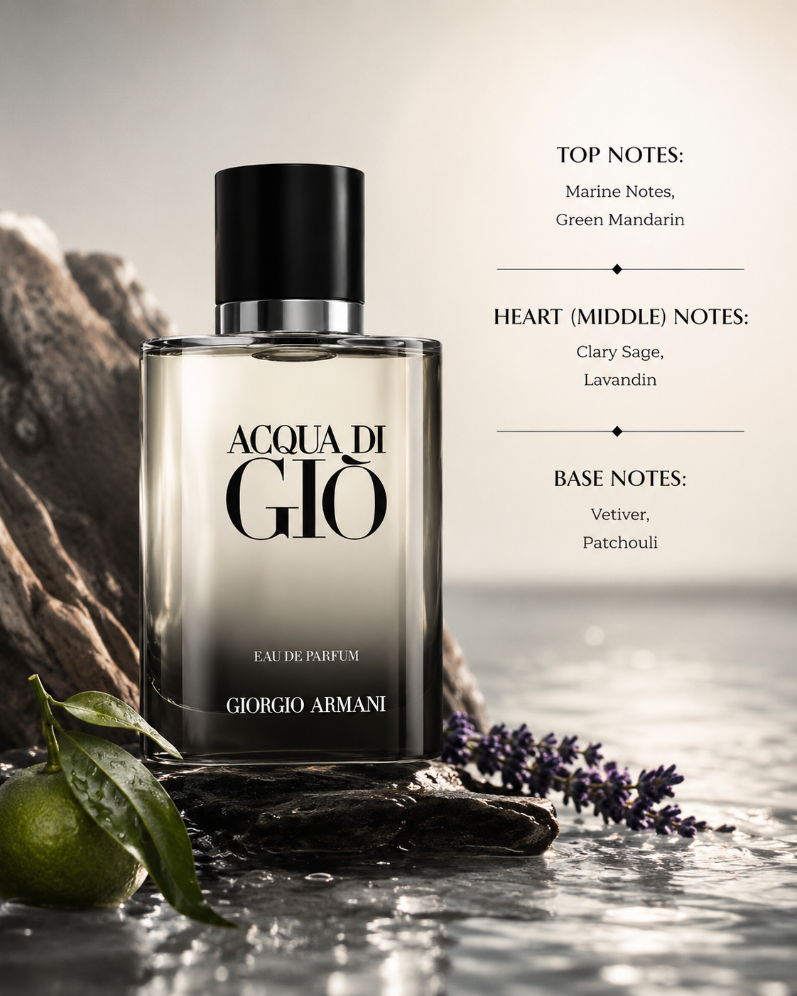 Giorgio Armani Acqua di Giò Eau de Parfum with fragrance notes of marine notes, green mandarin, clary sage, lavandin, vetiver and patchouli.