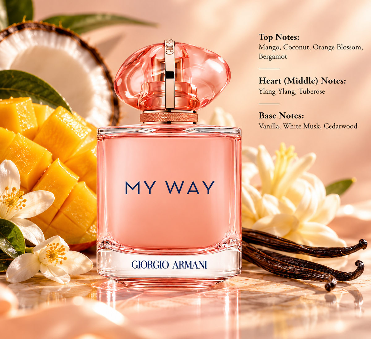 Giorgio Armani My Way perfume bottle in a warm tropical floral setting with ripe mango, coconut, white blossoms and vanilla pods, reflecting its mango, orange blossom, tuberose, ylang-ylang, vanilla, white musk and cedarwood notes.