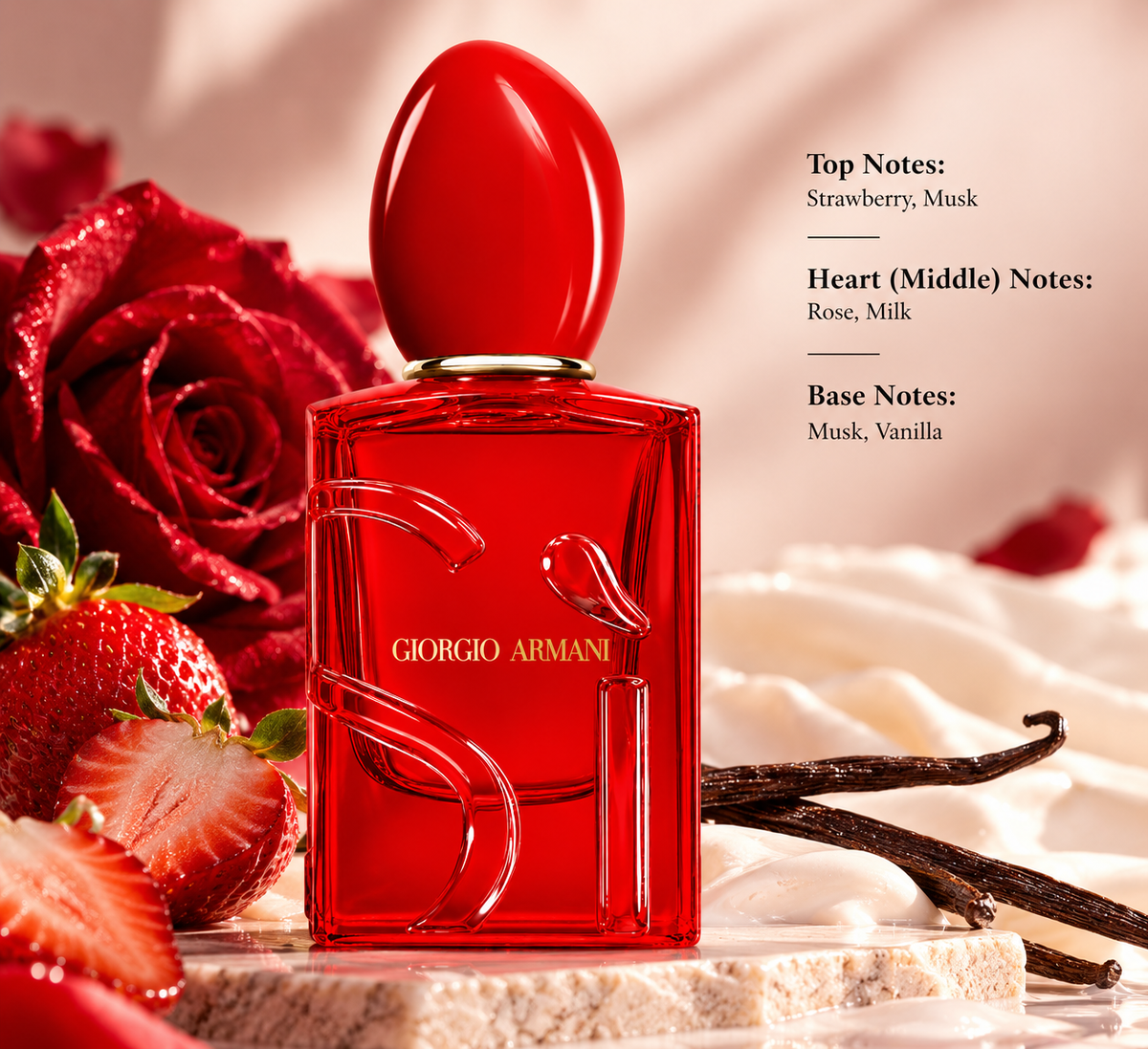 Giorgio Armani Sì Passione Red Musk perfume bottle in a warm feminine setting with red roses, fresh strawberries, creamy accents and vanilla pods, reflecting its strawberry, rose, milk, musk and vanilla notes.