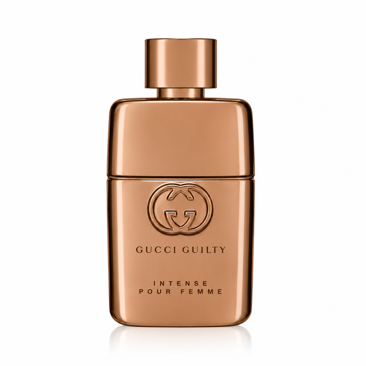 Gucci Guilty Intense Pour Femme Eau de Parfum perfume bottle isolated on a white background, featuring a metallic bronze bottle with the iconic interlocking GG logo and matching bronze cap.