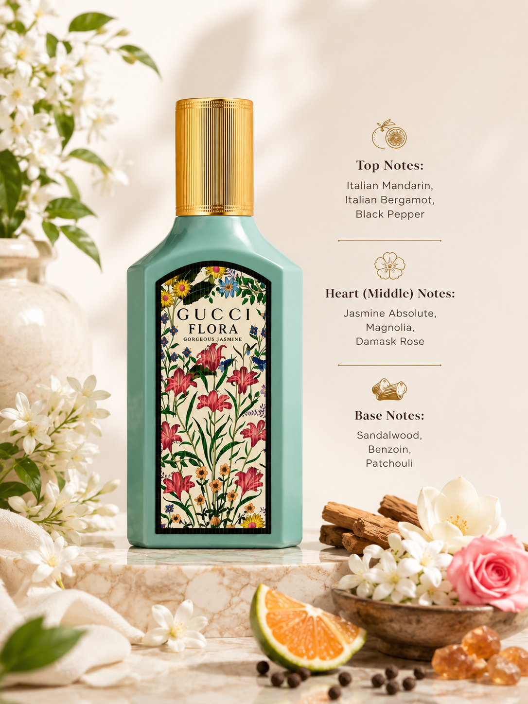 Gucci Flora Eau de Toilette bottle in a mint green color with a gold cap and a colorful floral label, displayed on a marble surface with flowers, cinnamon, and citrus. Text on the right lists the fragrance's top, middle, and base notes.