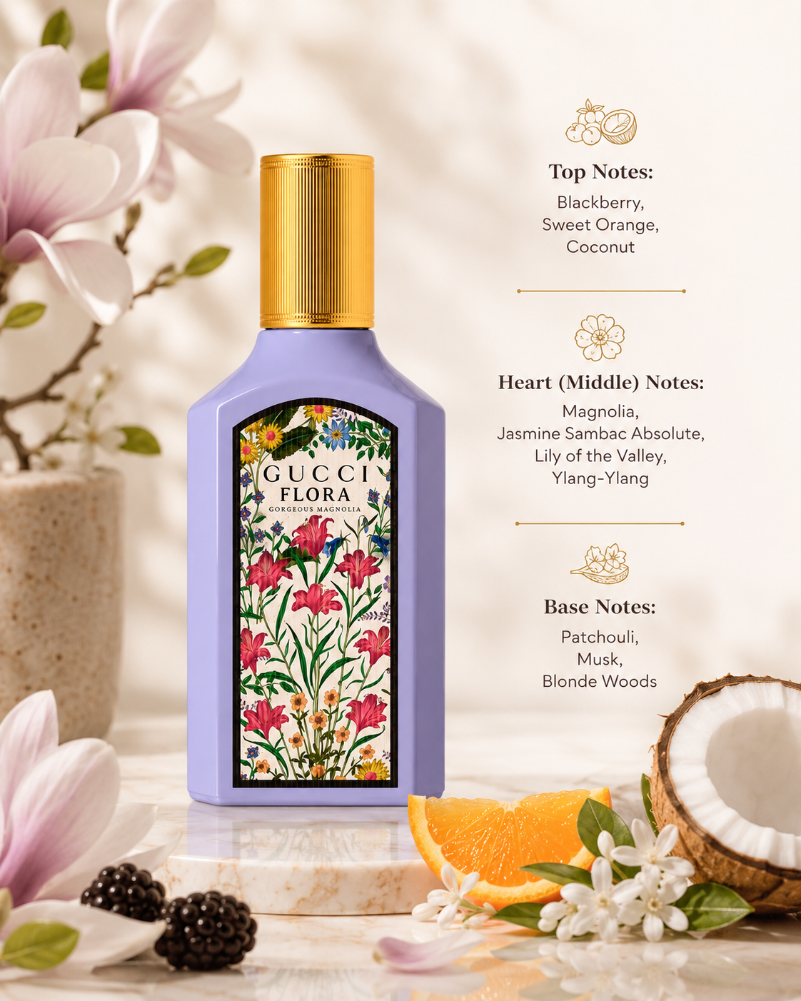 Gucci Flora perfume bottle with a lavender body, gold cap, and colorful floral label, styled on a marble surface with flowers, blackberries, orange slices, and a coconut. Text on the right lists the fragrance's top, heart, and base notes.