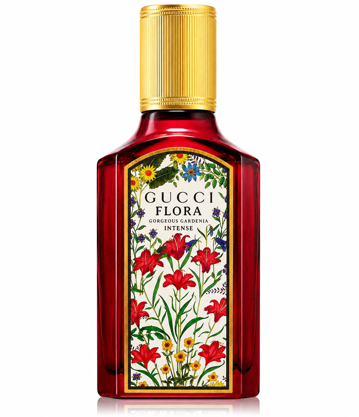 Gucci Flora Gorgeous Gardenia Intense Eau de Parfum bottle isolated on a white background, featuring a deep ruby red glass bottle with a luxurious gold ribbed cap and the iconic Gucci Flora floral illustration on the front label.