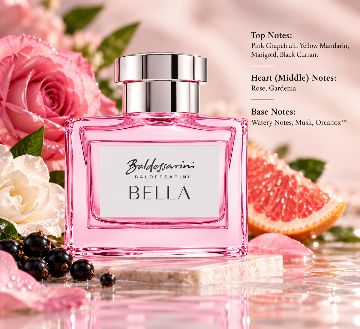 Baldessarini Bella perfume bottle in a soft pink setting with pink grapefruit, mandarin, black currant, rose and gardenia, reflecting its fresh fruity-floral character with watery notes, musk and Orcanox.