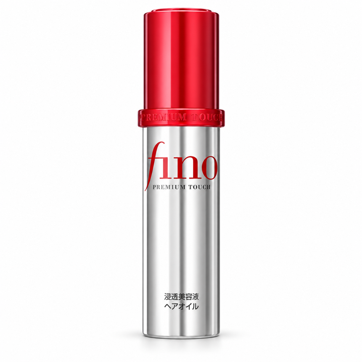 Shiseido Fino Premium Touch Hair Oil in an elegant silver cylindrical bottle with a glossy metallic red cap and signature red Fino logo. This Japanese hair care treatment features sleek, minimalist packaging, photographed against a pure white background with soft studio lighting.