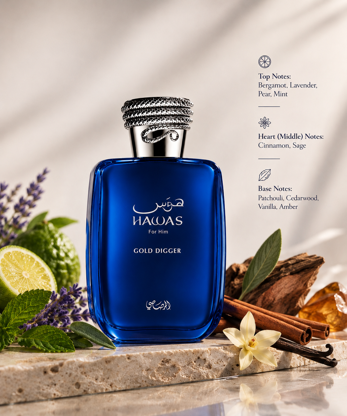 Hawas For Him Gold Digger displayed in a refined fragrance setting surrounded by bergamot, lavender, mint, cinnamon, woods, vanilla and amber-inspired elements, visually showcasing its fresh, aromatic and warm scent composition.