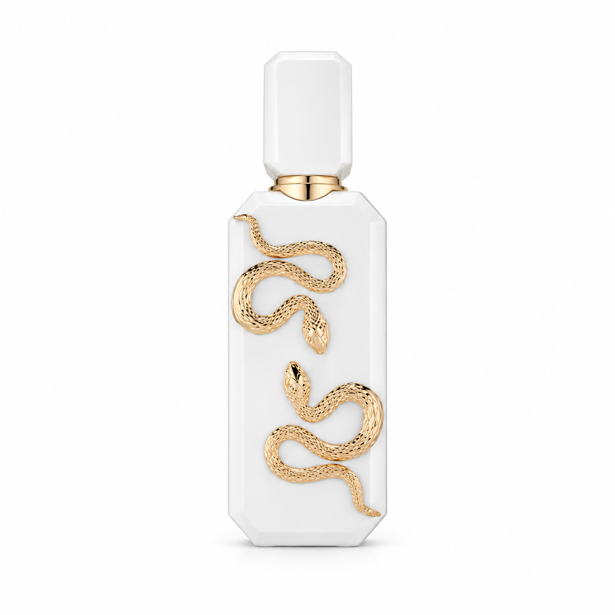 Luxury white perfume bottle featuring two intricate gold snake ornaments, a faceted geometric design and an elegant white cap with gold accents. Premium fragrance packaging photographed against a pure white background, highlighting its sophisticated details and exclusive presentation.
