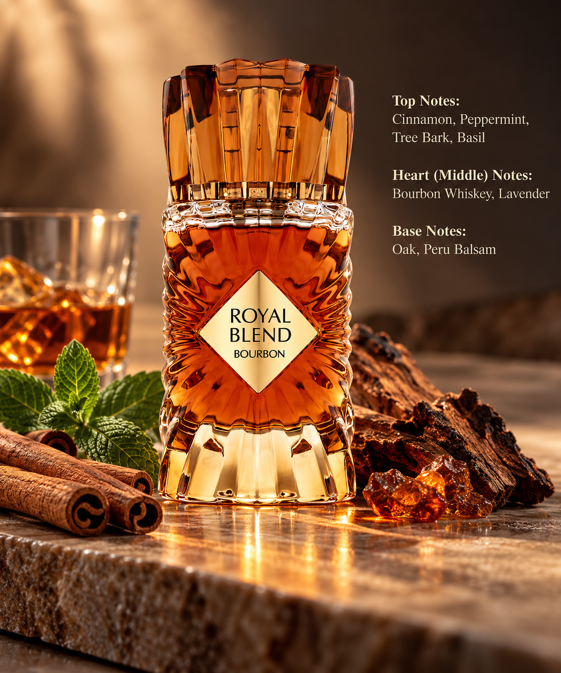 Royal Blend Bourbon luxury amber perfume bottle displayed on elegant beige stone, surrounded by cinnamon sticks, fresh peppermint leaves, oak bark and amber-colored resin. Sophisticated fragrance composition featuring bourbon whiskey, lavender, Peru balsam and warm woody notes against a rich brown background.
