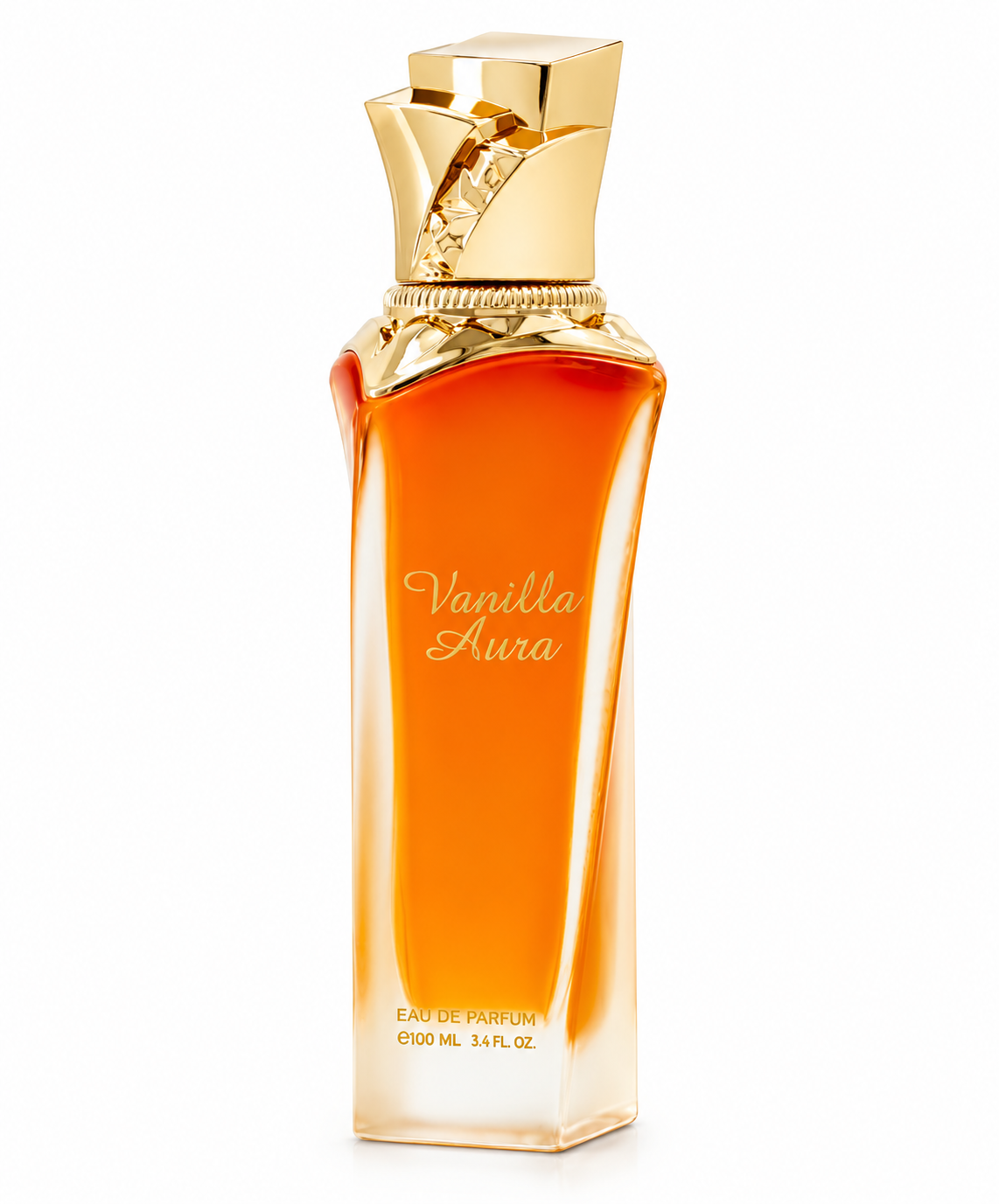 Vanilla Aura 100ml Eau de Parfum featuring a luxurious tall amber-orange glass bottle with an elegant sculpted gold cap, intricate metallic detailing and refined gold lettering. Premium vanilla fragrance presented against a pure white background.