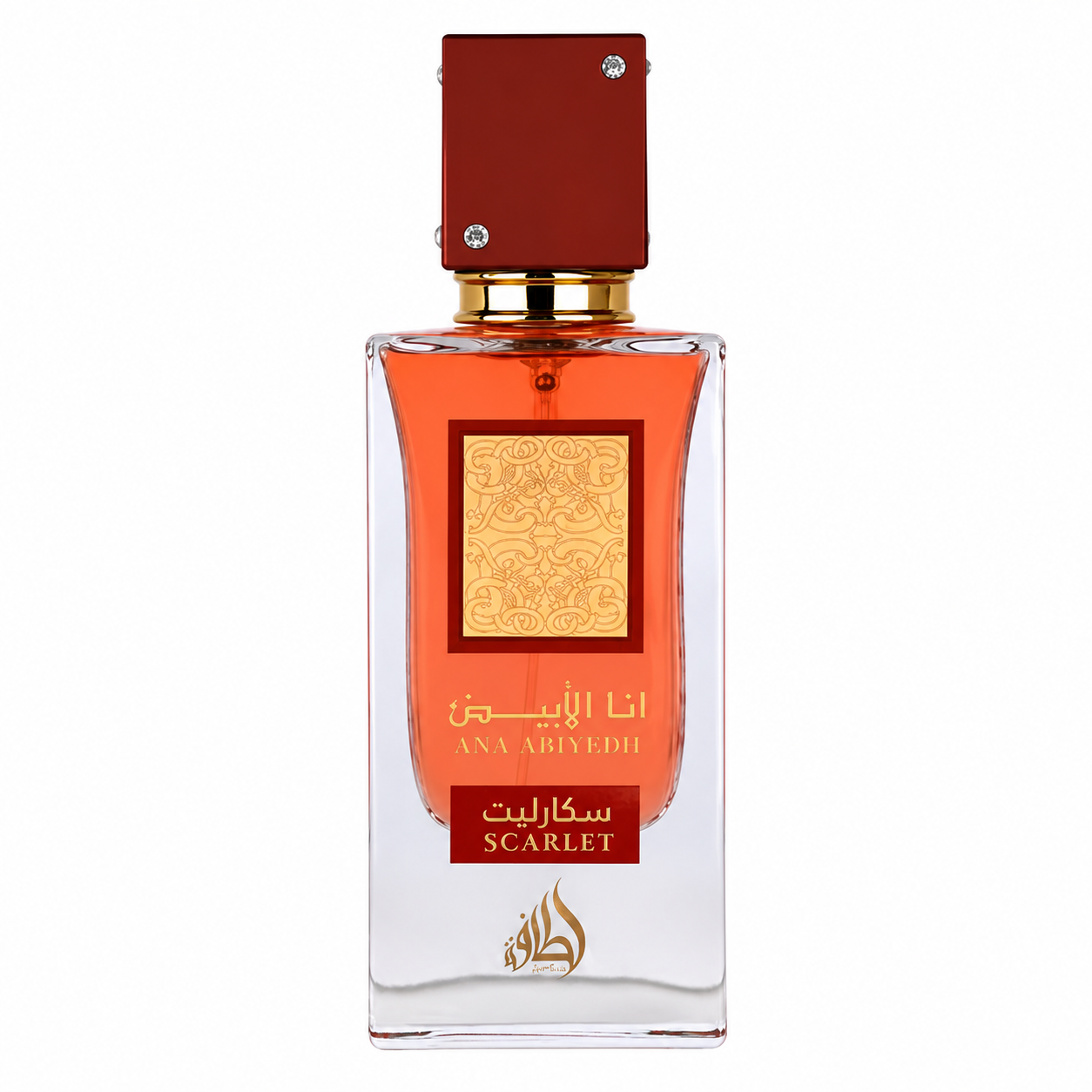 Lattafa Ana Abiyedh Scarlet perfume bottle featuring a sleek rectangular glass design with warm coral-red fragrance, gold decorative label, and deep burgundy cap, presented against a clean white background.