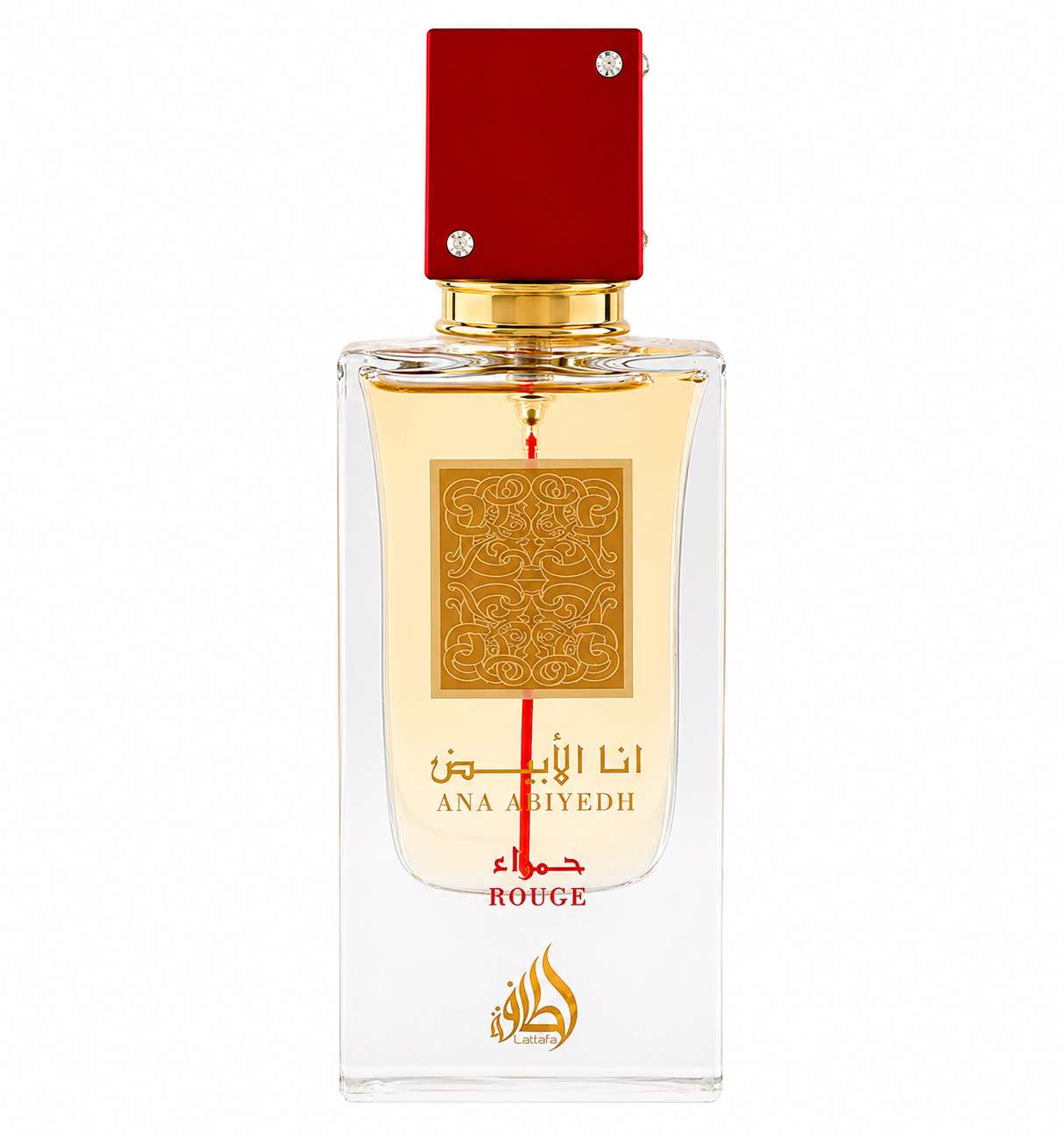 Lattafa Ana Abiyedh Rouge Eau de Parfum in an elegant clear glass bottle with a deep red cap and luxurious gold detailing, presented on a clean white background. Premium oriental fragrance showcased in a high-resolution studio product image.