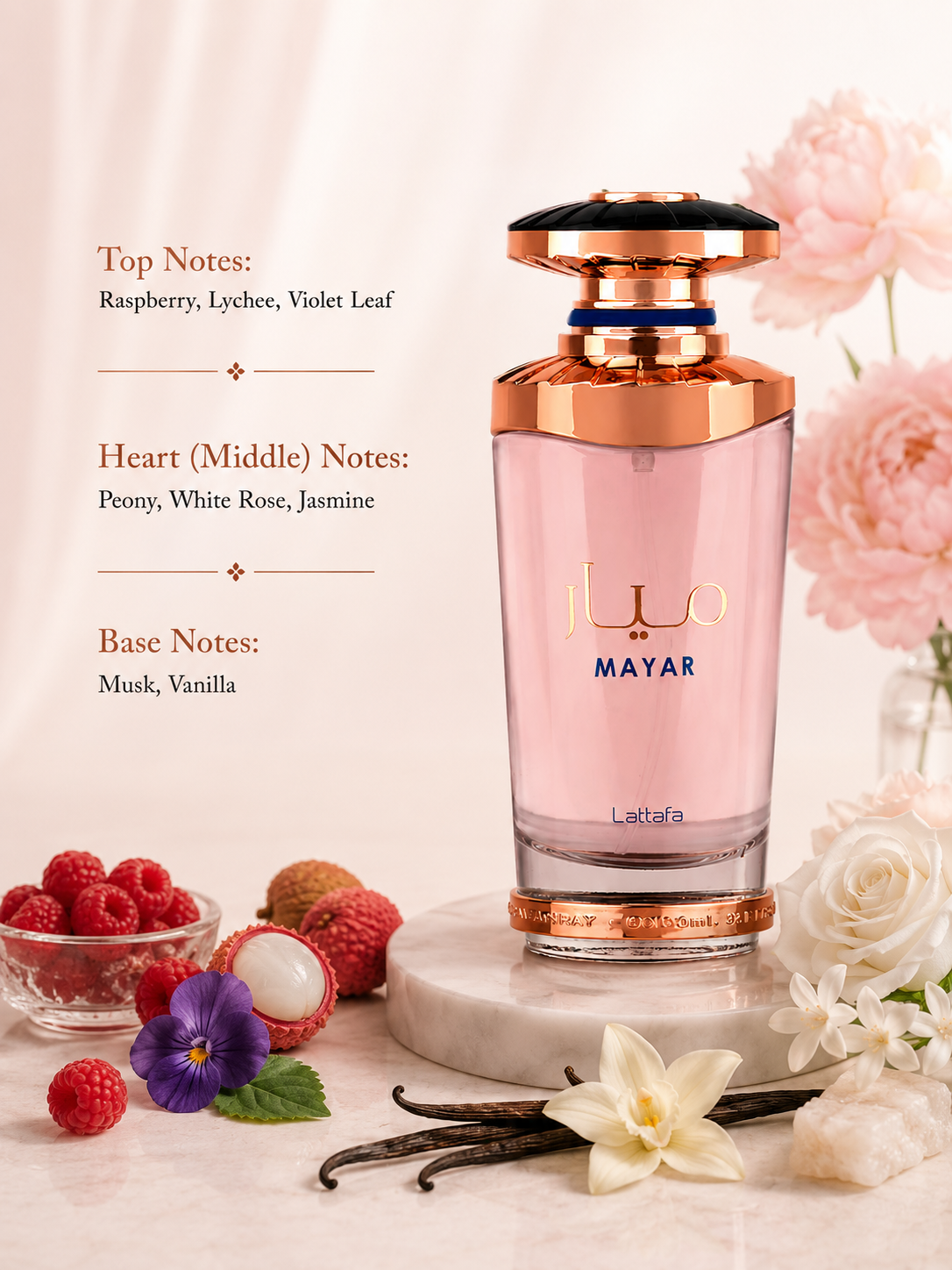 Lattafa Mayar Eau de Parfum showcased in an elegant luxury fragrance composition featuring raspberry, lychee, violet leaf, peony, white rose, jasmine, musk, and vanilla-inspired elements. The sophisticated soft pink bottle with rose gold accents is presented in a refined setting that highlights its fruity, floral, soft musky, and feminine character.