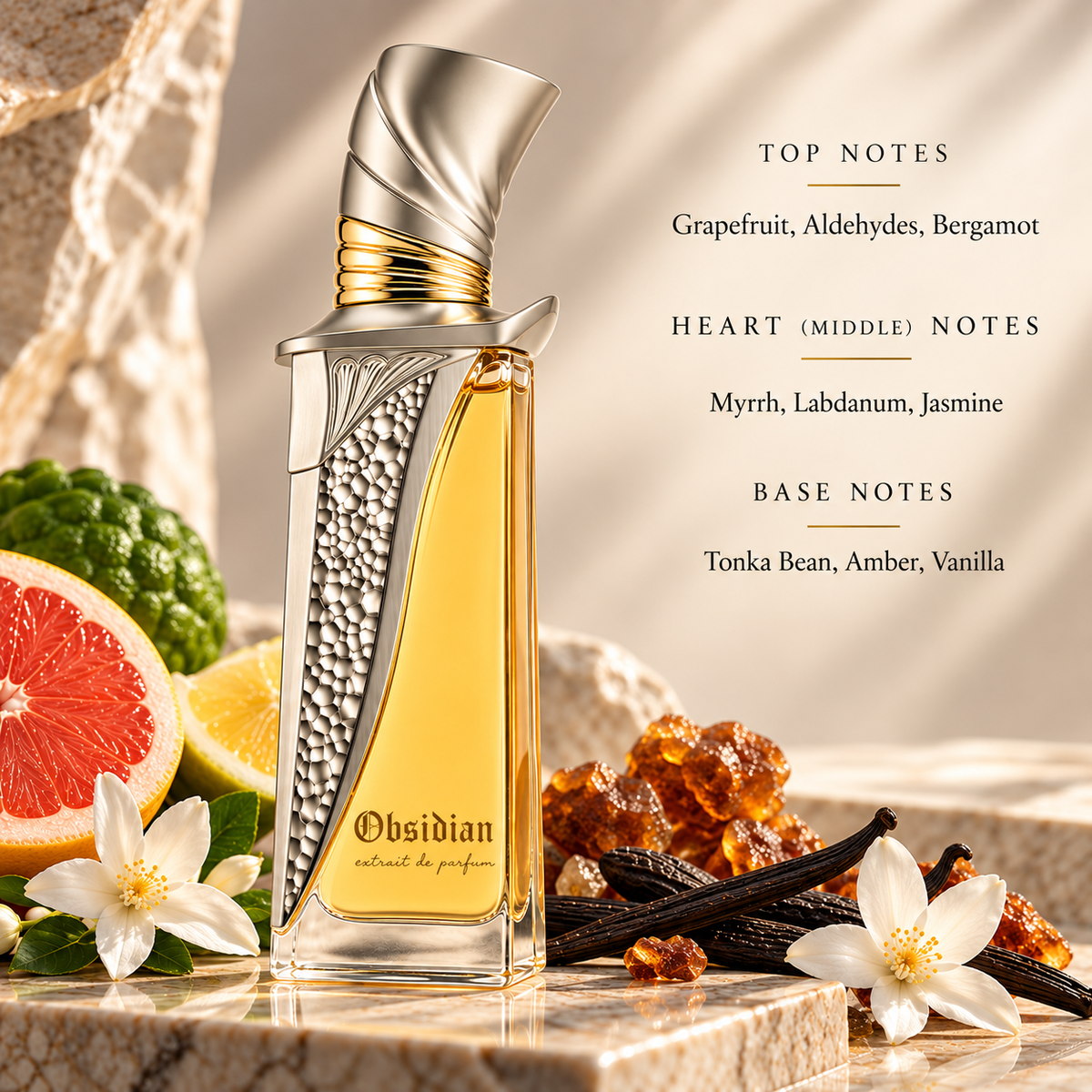French Avenue Obsidian presented in a luxurious warm setting with grapefruit, bergamot, jasmine, resinous amber, tonka bean and vanilla-inspired elements, visually highlighting its citrus, ambery, resinous and warm gourmand character alongside the Top, Heart and Base Notes.