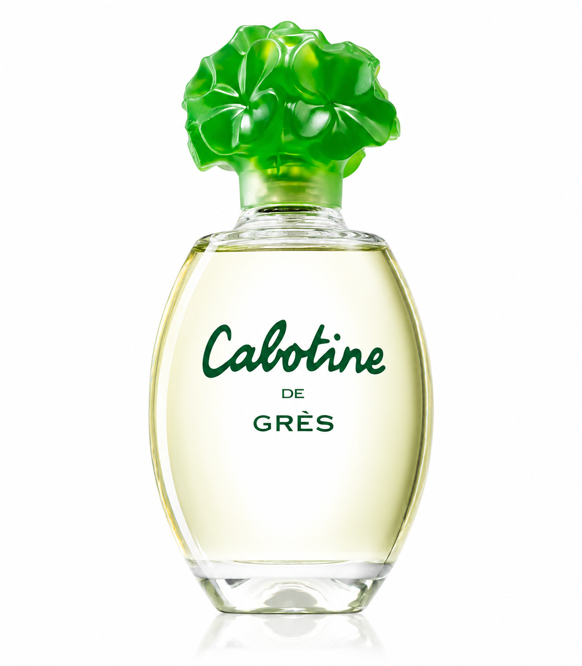Grès Cabotine Eau de Toilette bottle isolated on a white background, featuring a clear oval glass bottle filled with pale yellow fragrance and topped with the iconic translucent green flower-shaped cap.