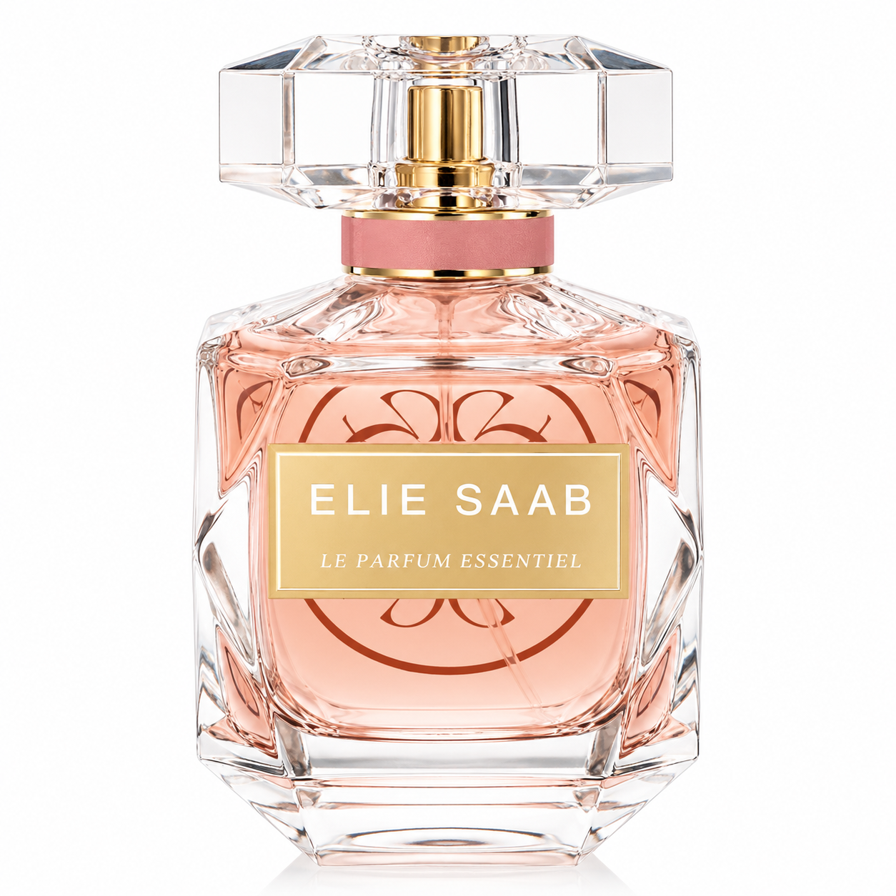 Elie Saab Le Parfum Essentiel bottle isolated on a white background, featuring a faceted clear glass flacon with blush pink fragrance, gold accents and a crystal-inspired cap.