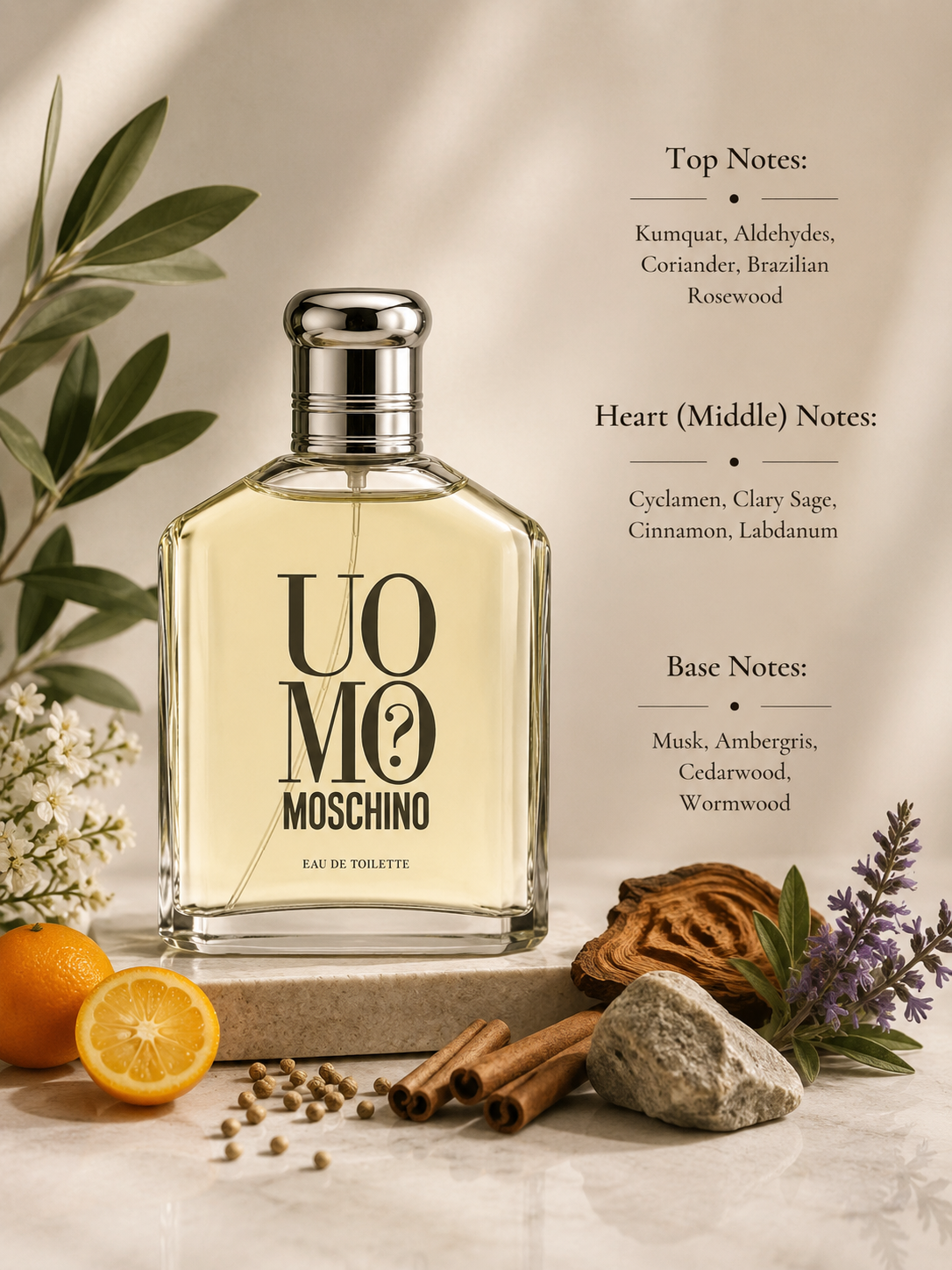 Moschino Uomo? Eau de Toilette displayed with fragrance notes, surrounded by kumquat, lemon, coriander, cinnamon sticks, cedarwood, lavender, olive branches, and aromatic herbs, highlighting its fresh citrus, spicy aromatic, woody, and musky fragrance profile.