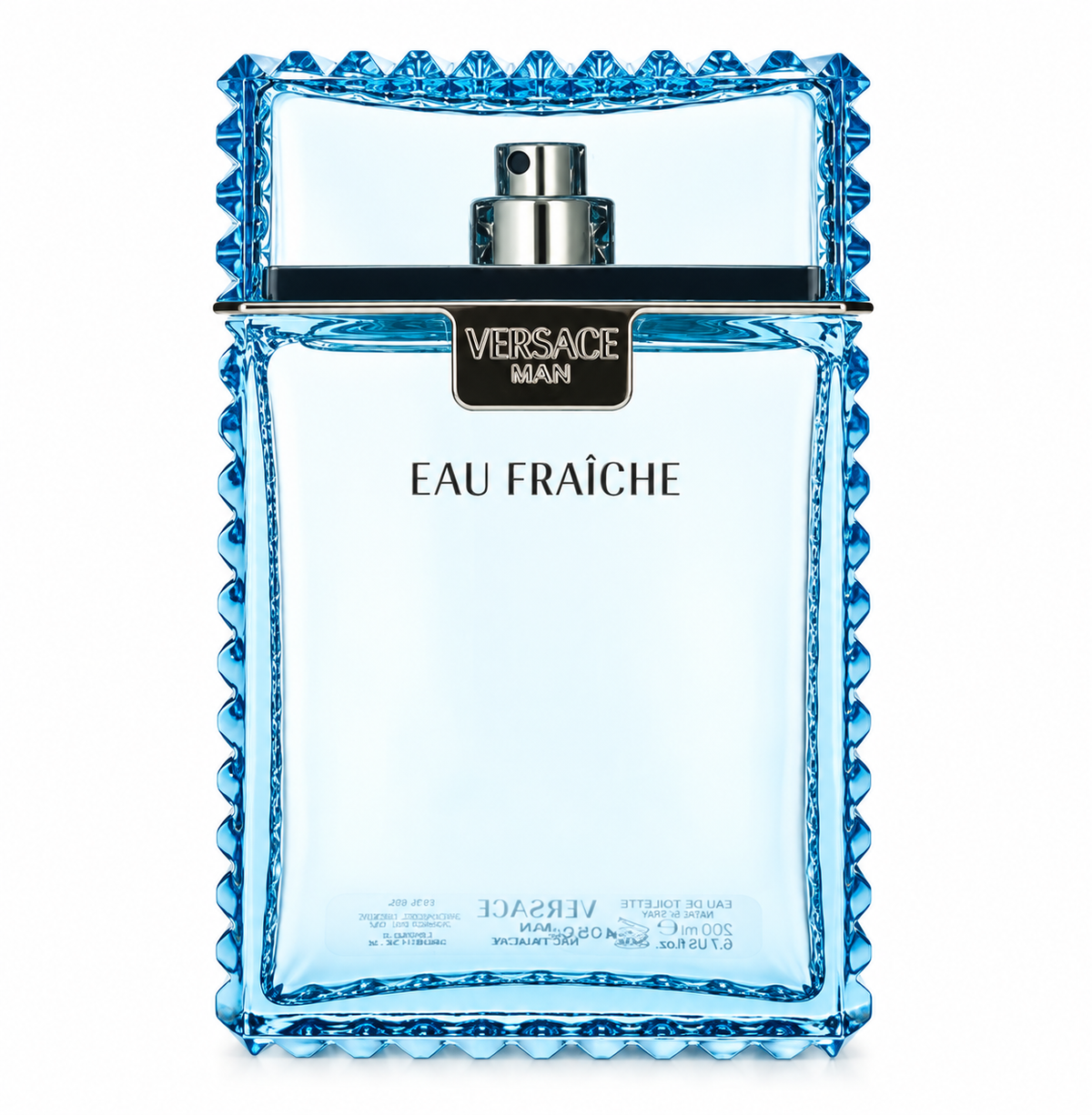 Versace Man Eau Fraîche 200ml Eau de Toilette for Men presented in its iconic transparent light blue glass bottle with sculpted geometric edges, sleek metallic detailing and signature Versace Man branding, photographed against a clean pure white background.