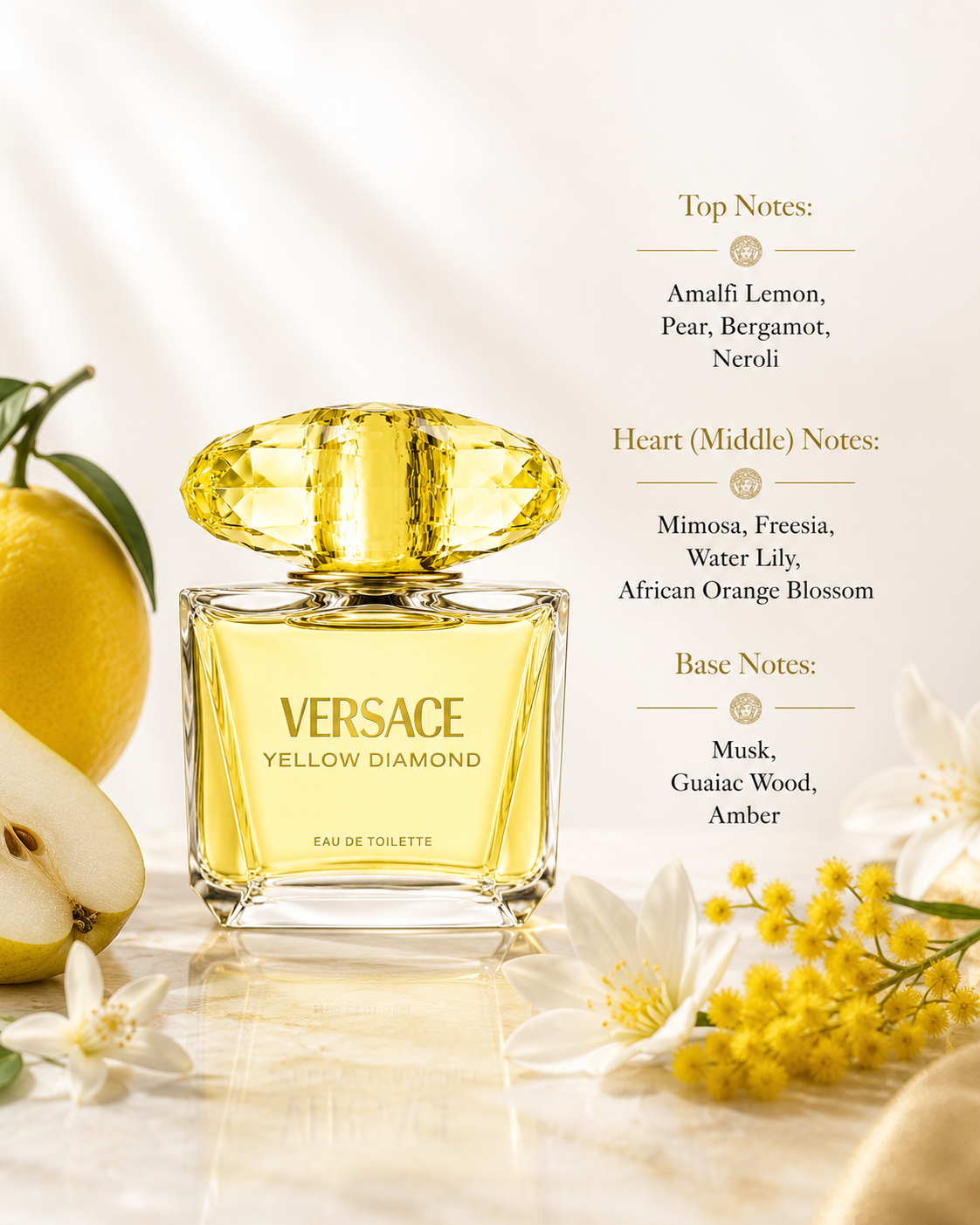 Versace Yellow Diamond Eau de Toilette displayed with fragrance notes, surrounded by Amalfi lemon, pear, bergamot, neroli, mimosa, freesia, water lily, orange blossom, musk, guaiac wood, and amber, highlighting its sparkling citrus opening, delicate floral heart, and soft woody-musky base.