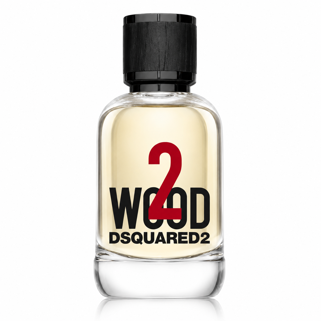Dsquared2 2 Wood Eau de Toilette bottle isolated on a white background, featuring a clear glass flacon with a black wood-effect cap and bold red logo.