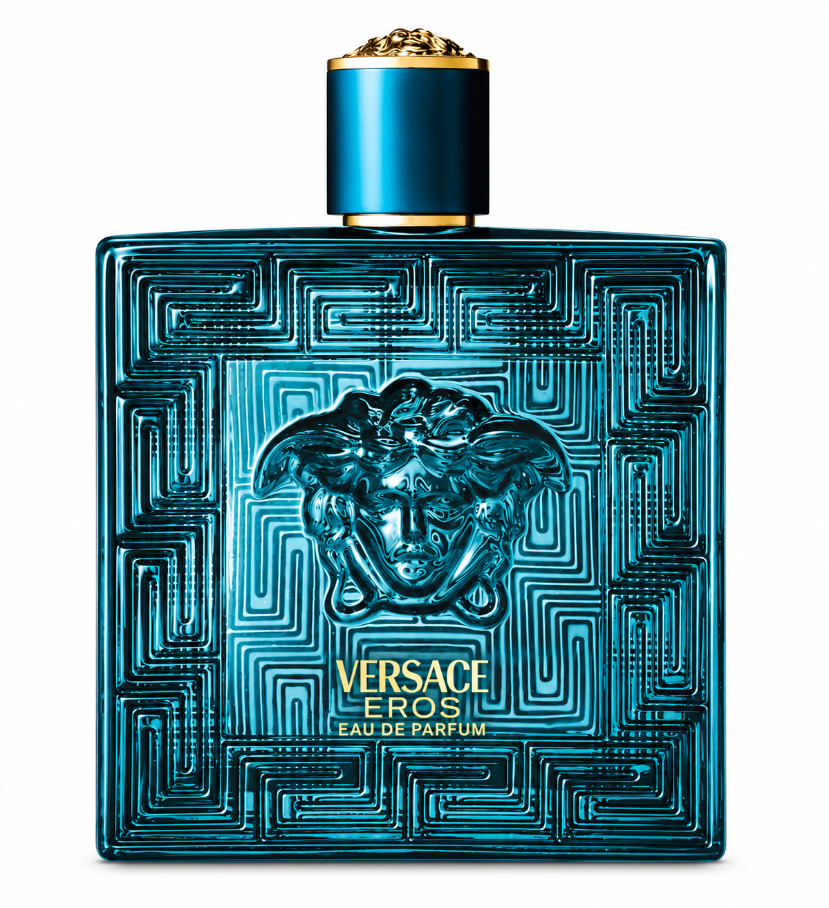 Versace Eros 200ml Eau de Parfum for Men presented in its iconic deep turquoise blue glass bottle with intricate Greek key detailing, sculpted Medusa emblem and refined gold accents, photographed against a clean pure white background.