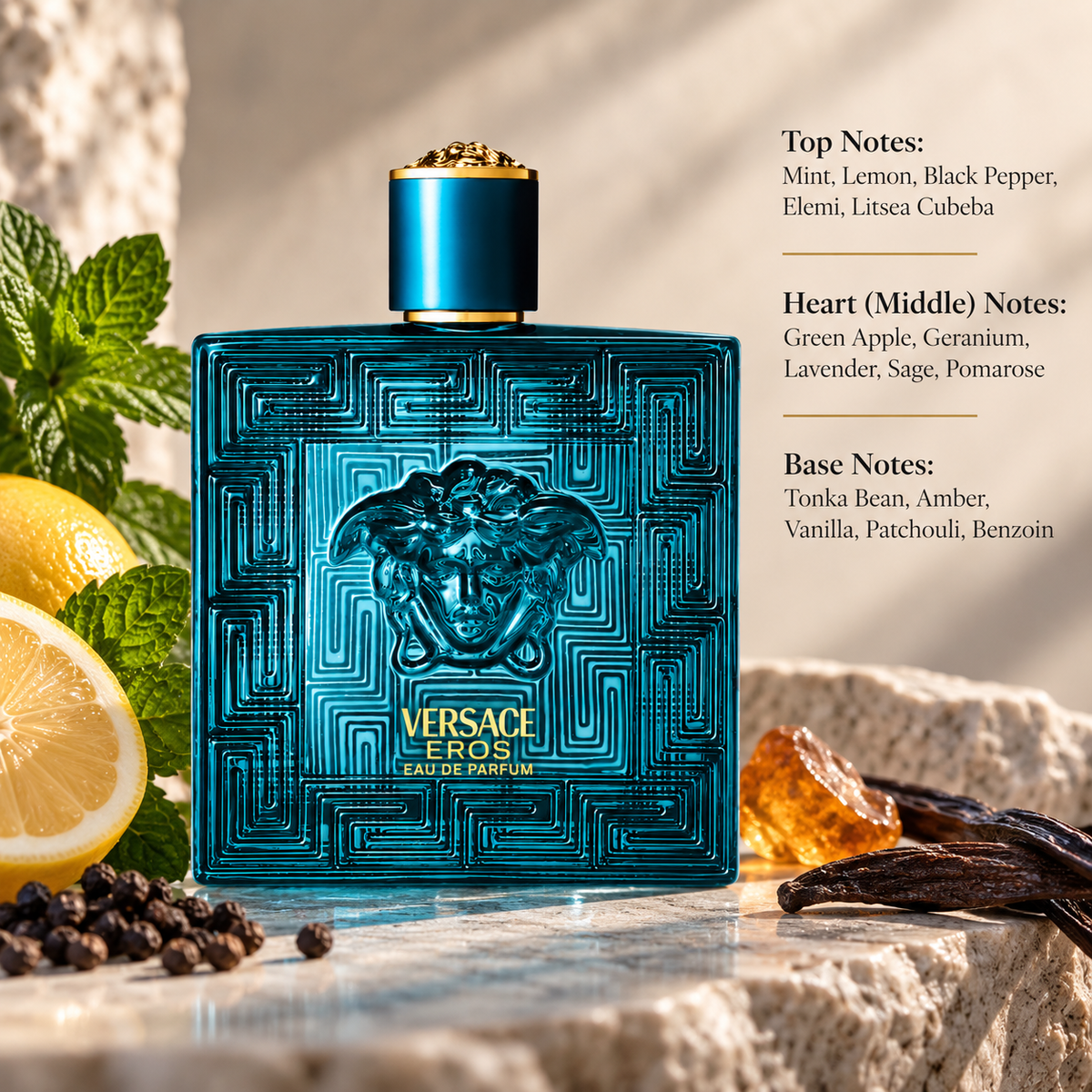 Versace Eros 200ml Eau de Parfum for Men presented in a sophisticated Mediterranean-inspired setting reflecting its fresh, aromatic and sensual character, featuring mint, lemon, black pepper, elemi and litsea cubeba, a heart of green apple, geranium, lavender, sage and pomarose, and a warm base of tonka bean, amber, vanilla, patchouli and benzoin.
